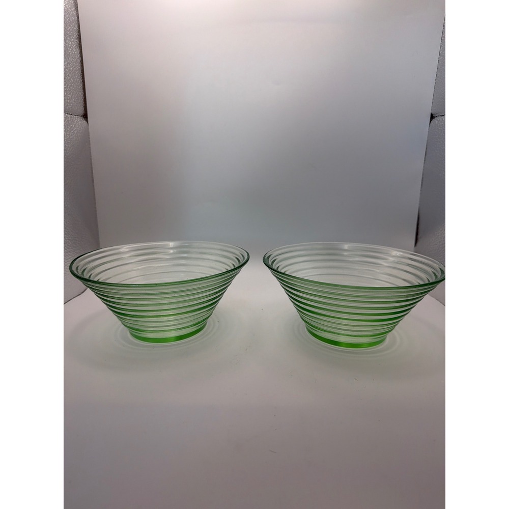 Vintage Green Ribbed Glass Bowls Set of 2 Concentric Ring Depression Style